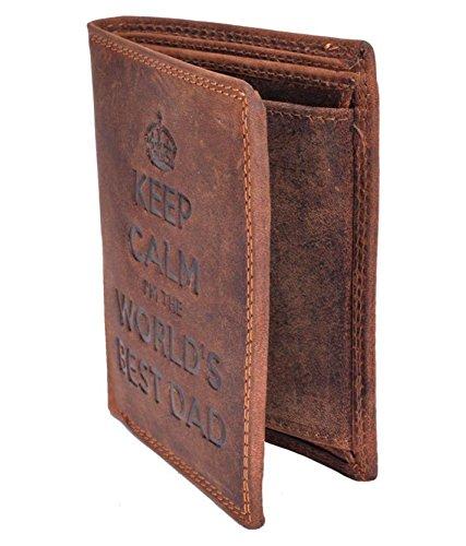 STARHIDE Keep Calm I'm The Worlds Best Dad Mens RFID Blocking Genuine Distressed Hunter Leather Wallet 705 Brown - Starhide