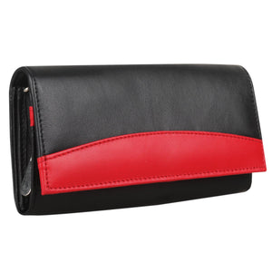 Women RFID Blocking Soft Real Leather Long Flap Over Purse Multiple Credit Card Slots (Black Red) - StarHide