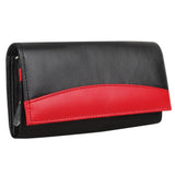 Women RFID Blocking Soft Real Leather Long Flap Over Purse Multiple Credit Card Slots (Black Red)