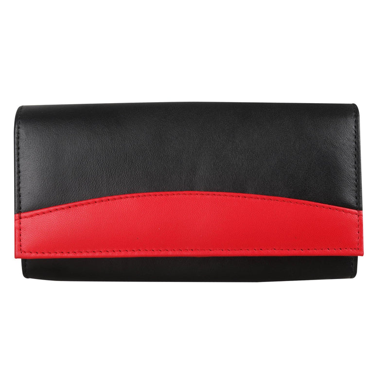 Women RFID Blocking Soft Real Leather Long Flap Over Purse Multiple Credit Card Slots (Black Red) - StarHide