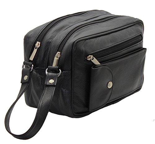 STARHIDE Mens Real Leather Multi Compartments Toiletry Overnight Wash Gym Shaving Bag with Grab Handle Strap Black 515 - Starhide