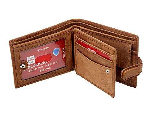 STARHIDE Mens RFID Blocking Distressed Hunter Leather Trifold Coin Pocket Wallet Brown Gift Boxed 1212 - Starhide