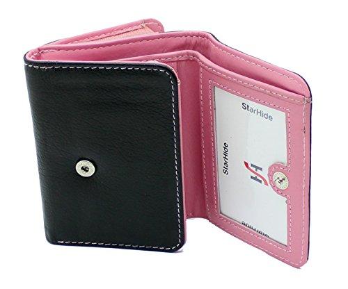 Starhide® Women's Genuine Leather Wallet - Compact Credit Card Holder With Zip Coin Pocket (#5555 Pink/Black)