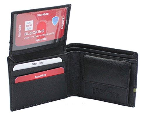 STARHIDE Mens RFID Genuine Leather Trifold Credit Cardholder Coin Pocket Wallet NP06 Black Green - Starhide