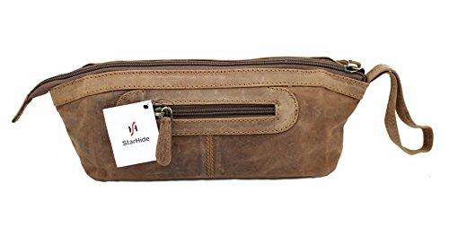 STARHIDE Genuine Distressed Hunter Leather Travel Stationery Pencil Case Makeup Cosmetic Zipper Pouch Bag 555 Brown - Starhide