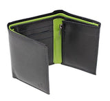 STARHIDE RFID Blocking Tall Genuine Goat Leather Trifold Zip Wallet Gift Boxed 615 (Black/Green)