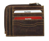 STARHIDE Mens Women Slim RFID Blocking Genuine Distressed Hunter Leather Credit Card Holder Zipper Wallet 1095 Brown - StarHide