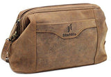 STARHIDE Top Framed Zipped Genuine Distressed Hunter Leather Hanging Toiletry Wash Shaving Cosmetic Bag 550 Brown - Starhide