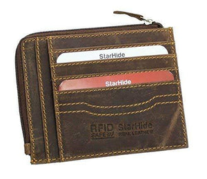 STARHIDE Mens Women Slim RFID Blocking Genuine Distressed Hunter Leather Credit Card Holder Zipper Wallet 1095 Brown - StarHide