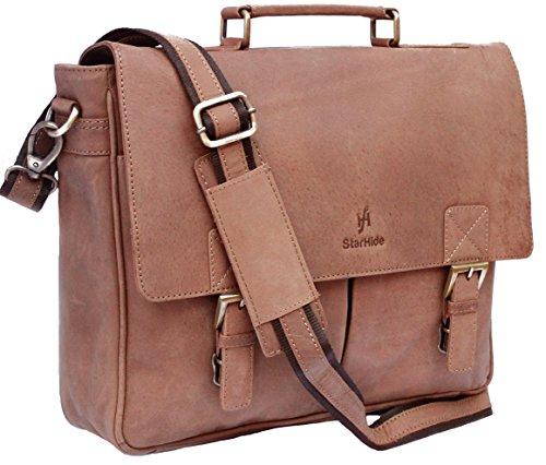 STARHIDE 15.5" Laptop Genuine Distressed Hunter Leather Top Handle Shoulder Messenger Travel Bag Adjustable Strap 535 Brown - Starhide