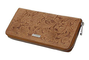 STARHIDE Ladies Womens RFID Blocking Purse Full Zip Around Embossed Floral Genuine Distressed Hunter Leather Clutch Wallet (Brown) 5590 - Starhide