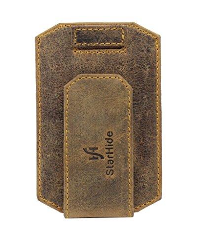 STARHIDE Mens RFID Blocking Real Distressed Hunter Leather Minimalist Card Holder Wallet With Magnetic Money Clip 725 Brown - Starhide