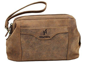 STARHIDE Top Framed Zipped Genuine Distressed Hunter Leather Hanging Toiletry Wash Shaving Cosmetic Bag 550 Brown - Starhide