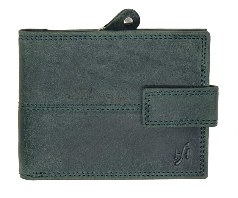 StarHide Mens Wallet RFID Safe Contactless Security Purse Distressed Hunter Leather with External Zip Round Coin Pocket 1044 Green - StarHide