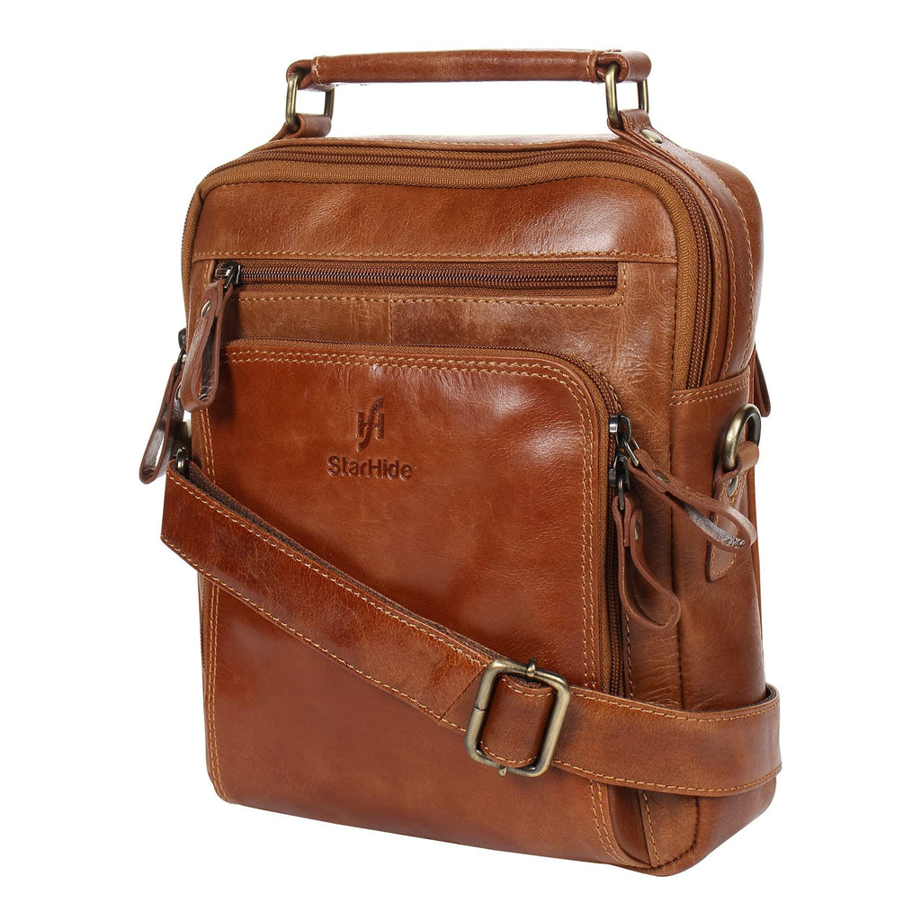 STARHIDE Mens Womens Oil Tanned Genuine Leather Travel Messenger Bag For Ipad Tablet 575 (Tan) - StarHide