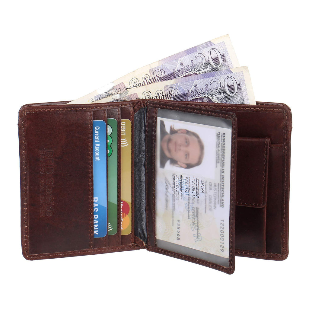 STARHIDE Designer Wallets RFID Blocking Smooth Genuine VT Leather Wallet  with Coin Pocket and Id Window Gift Boxed 1212 (Brown)