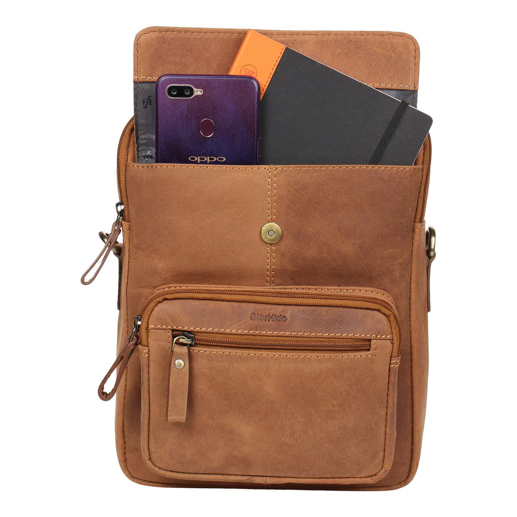 STARHIDE Mens Womens Distressed Hunter Genuine Leather Travel Messenger Bag For Ipad Tablet 585 (Brown) - StarHide